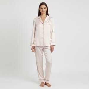 Jasper Conran Pink Satin Pajama Set Revere Collar Piped Trim Size 10